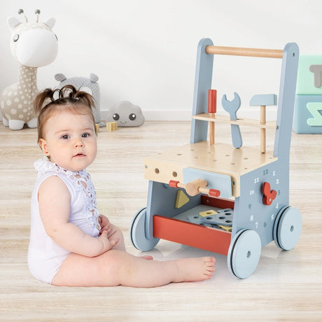 2 in 1 Toddler Wooden Baby Push Walker and Tool Toys with Bottom Storage