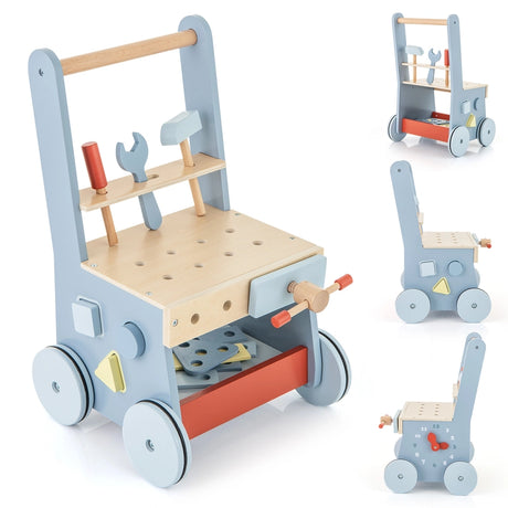 2 in 1 Toddler Wooden Baby Push Walker and Tool Toys with Bottom Storage