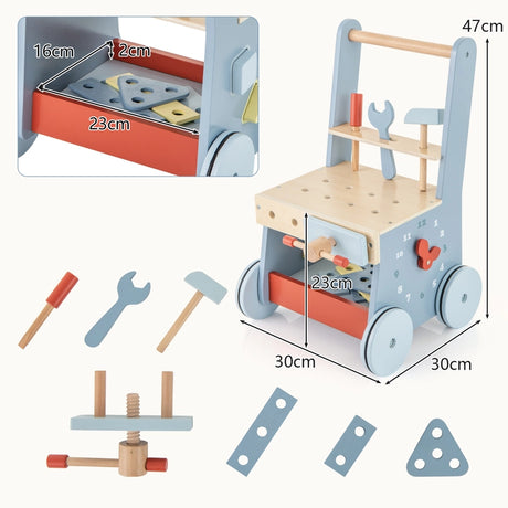 2 in 1 Toddler Wooden Baby Push Walker and Tool Toys with Bottom Storage