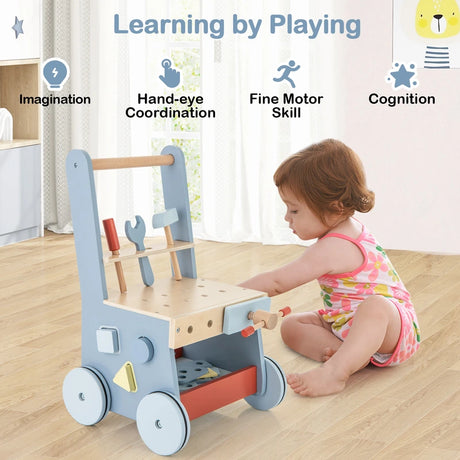 2 in 1 Toddler Wooden Baby Push Walker and Tool Toys with Bottom Storage
