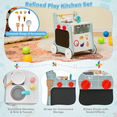 6-in-1 Wooden Baby Stroller Push and Pull Learning Activity Center-Blue