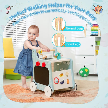 6-in-1 Wooden Baby Stroller Push and Pull Learning Activity Center-Blue