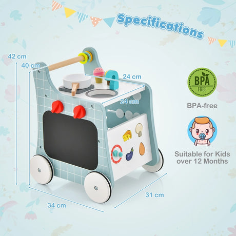6-in-1 Wooden Baby Stroller Push and Pull Learning Activity Center-Blue