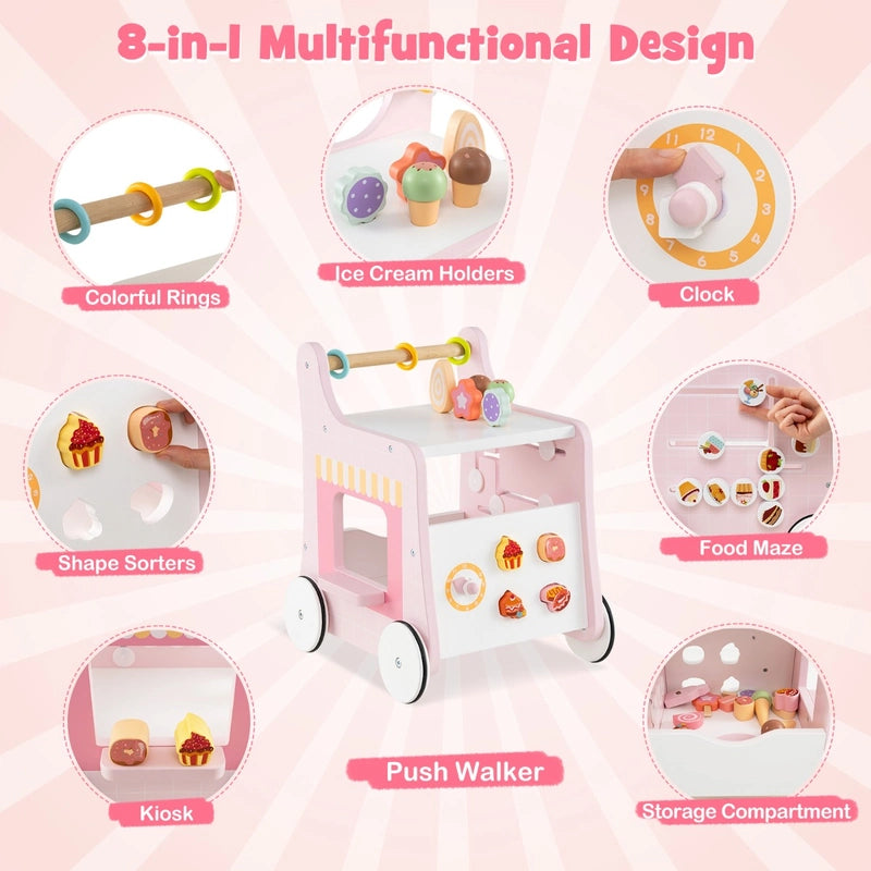 Multifunctional Ice Cream Cart Toy with Sweet Accessories and Smooth Wheels-Pink
