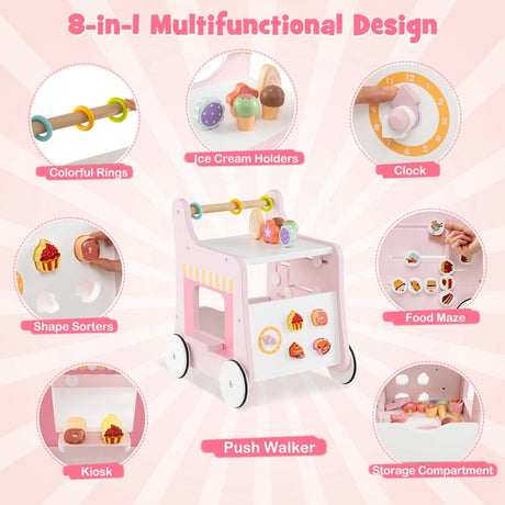 Multifunctional Ice Cream Cart Toy with Sweet Accessories and Smooth Wheels-Pink