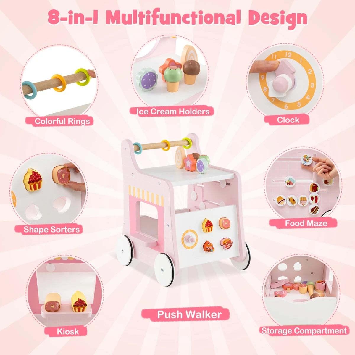 Multifunctional Ice Cream Cart Toy with Sweet Accessories and Smooth Wheels-Pink