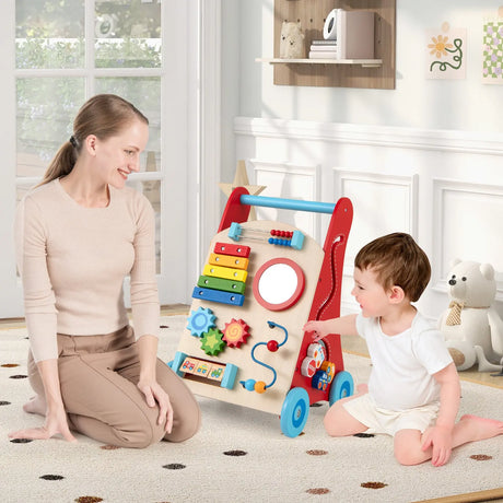 Wooden Baby Push Walker with Storage and Wheels for Boys and Girls 3+ Years Old-Natural