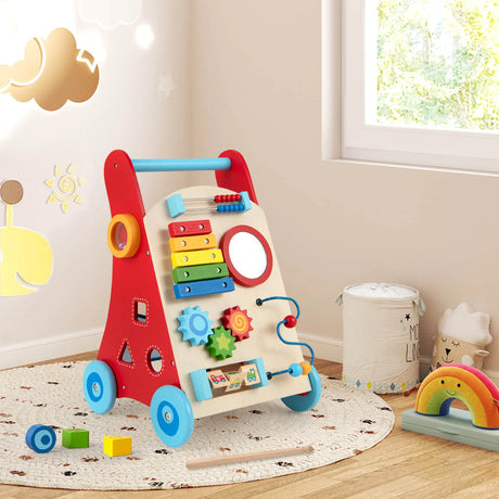 Wooden Baby Push Walker with Storage and Wheels for Boys and Girls 3+ Years Old-Natural
