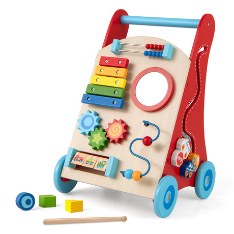 Wooden Baby Push Walker with Storage and Wheels for Boys and Girls 3+ Years Old-Natural