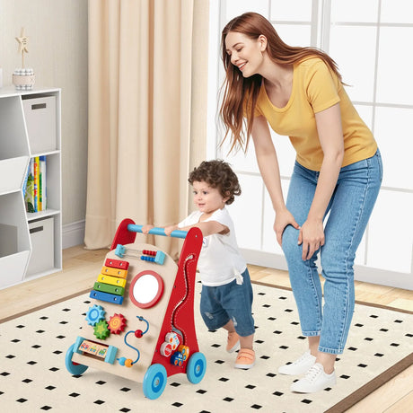 Wooden Baby Push Walker with Storage and Wheels for Boys and Girls 3+ Years Old-Natural