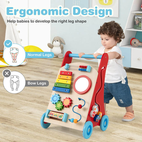 Wooden Baby Push Walker with Storage and Wheels for Boys and Girls 3+ Years Old-Natural