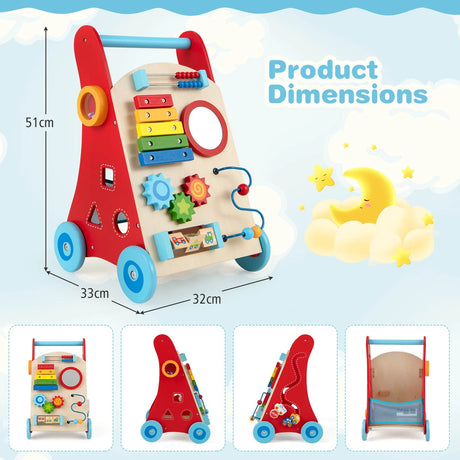 Wooden Baby Push Walker with Storage and Wheels for Boys and Girls 3+ Years Old-Natural