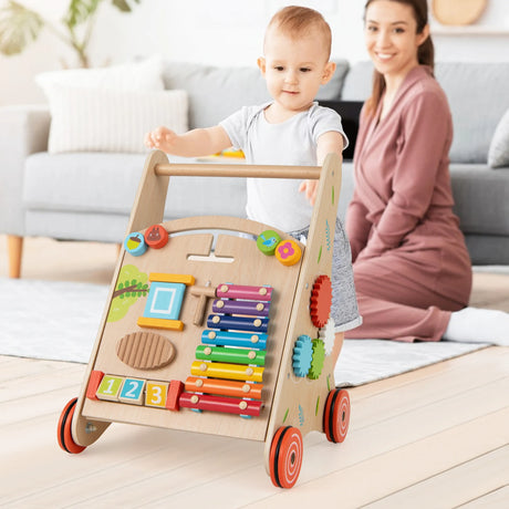 Wooden Baby Push Walker with Handle and Wheels-Natural