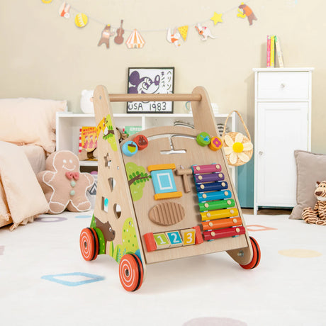 Wooden Baby Push Walker with Handle and Wheels-Natural
