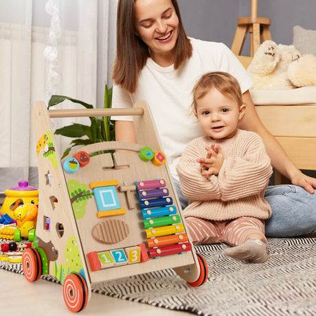 Wooden Baby Push Walker with Handle and Wheels-Natural