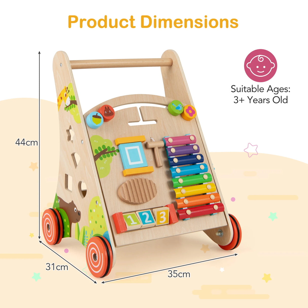 Wooden Baby Push Walker with Handle and Wheels-Natural