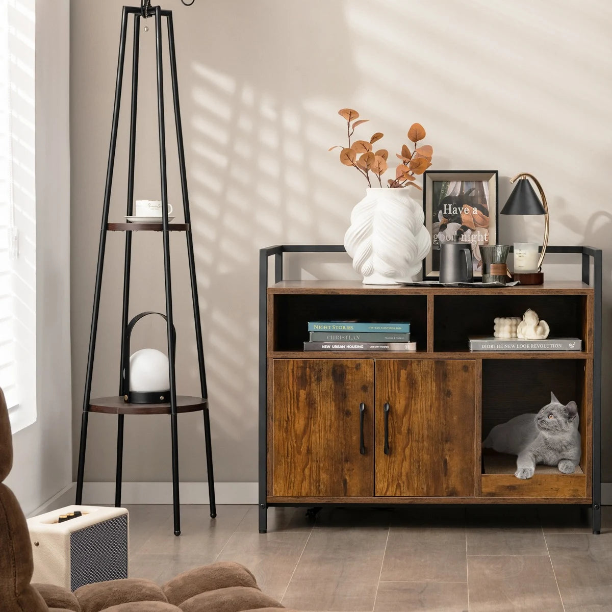 Cat Litter Box Enclosure with Double Doors & Scratch Cardboard-Coffee
