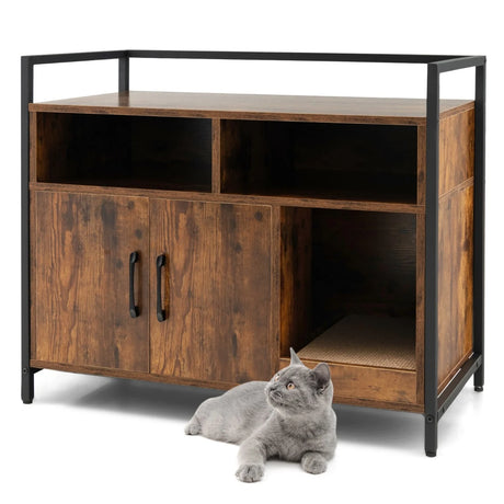 Cat Litter Box Enclosure with Double Doors & Scratch Cardboard-Coffee