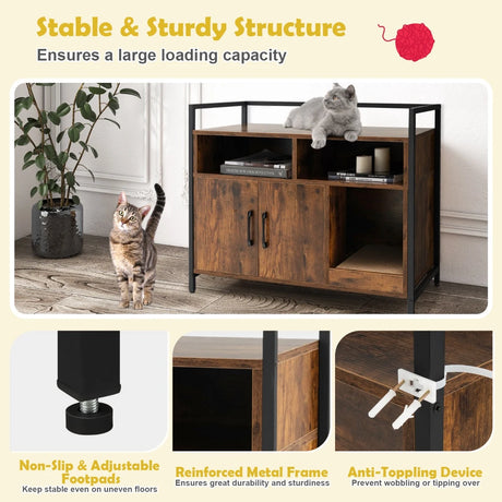Cat Litter Box Enclosure with Double Doors & Scratch Cardboard-Coffee