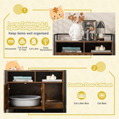 Cat Litter Box Enclosure with Double Doors & Scratch Cardboard-Coffee