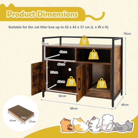 Cat Litter Box Enclosure with Double Doors & Scratch Cardboard-Coffee