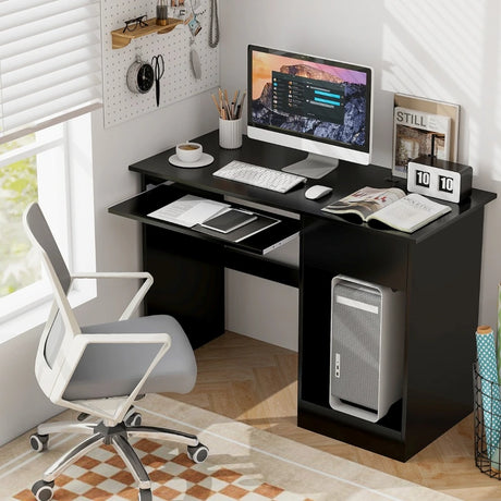 Wooden Computer Desk with Pull-out Keyboard Tray and Adjustable Storage Shelves-Black