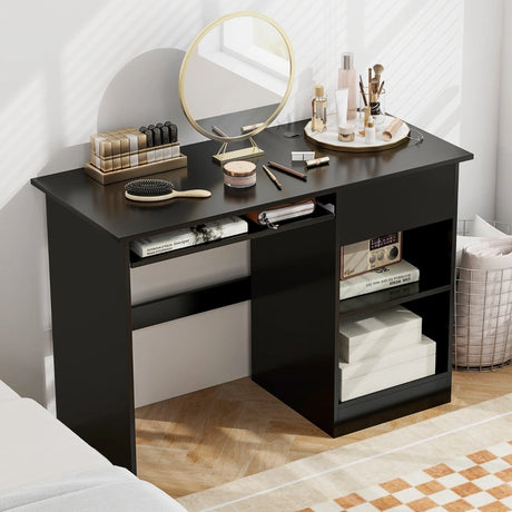 Wooden Computer Desk with Pull-out Keyboard Tray and Adjustable Storage Shelves-Black