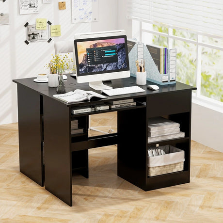 Wooden Computer Desk with Pull-out Keyboard Tray and Adjustable Storage Shelves-Black