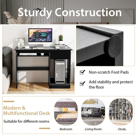 Wooden Computer Desk with Pull-out Keyboard Tray and Adjustable Storage Shelves-Black