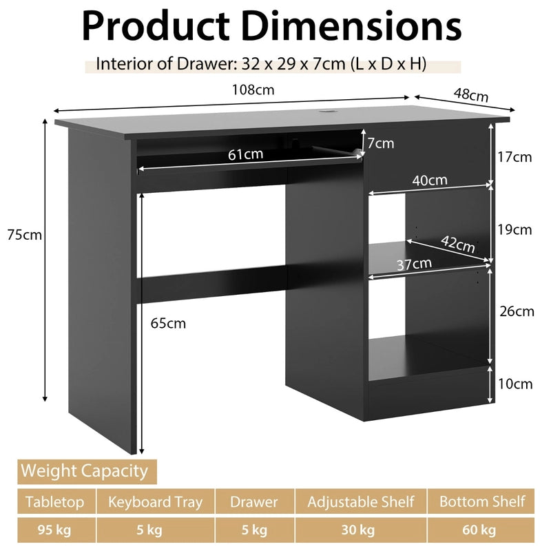 Wooden Computer Desk with Pull-out Keyboard Tray and Adjustable Storage Shelves-Black