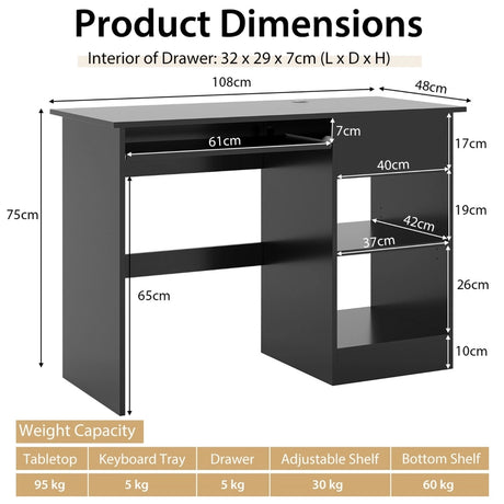 Wooden Computer Desk with Pull-out Keyboard Tray and Adjustable Storage Shelves-Black