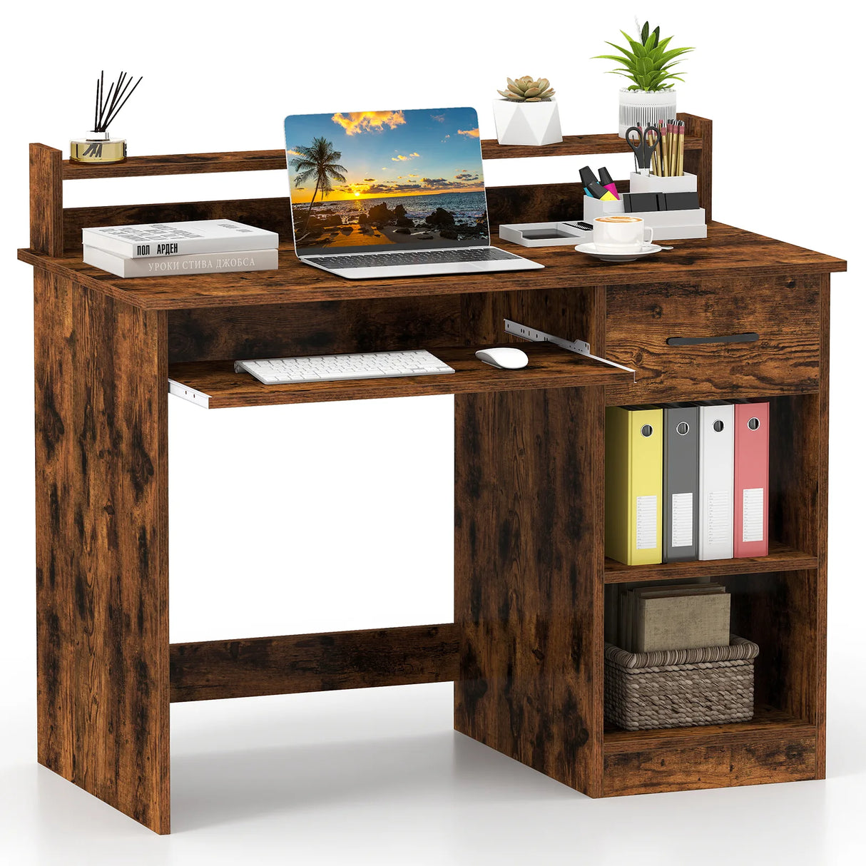 Wooden Computer Desk With Keyboard Tray for Work and Study-Rustic Brown