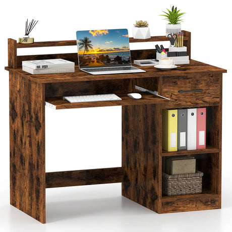 Wooden Computer Desk With Keyboard Tray for Work and Study-Rustic Brown