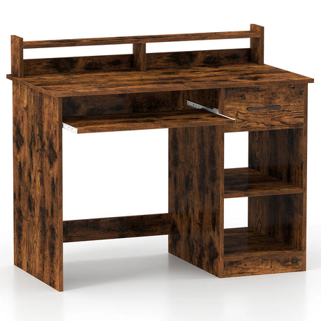 Wooden Computer Desk With Keyboard Tray for Work and Study-Rustic Brown