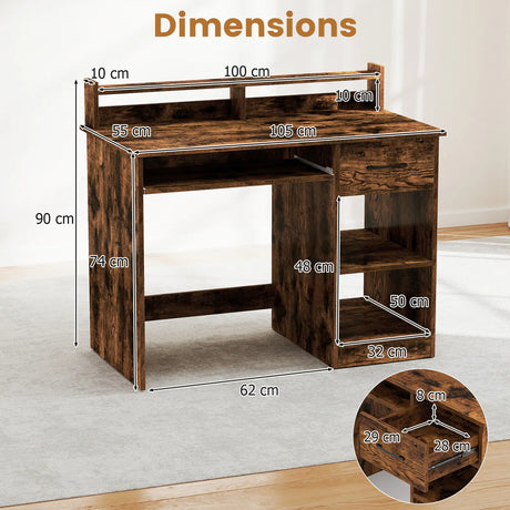 Wooden Computer Desk With Keyboard Tray for Work and Study-Rustic Brown