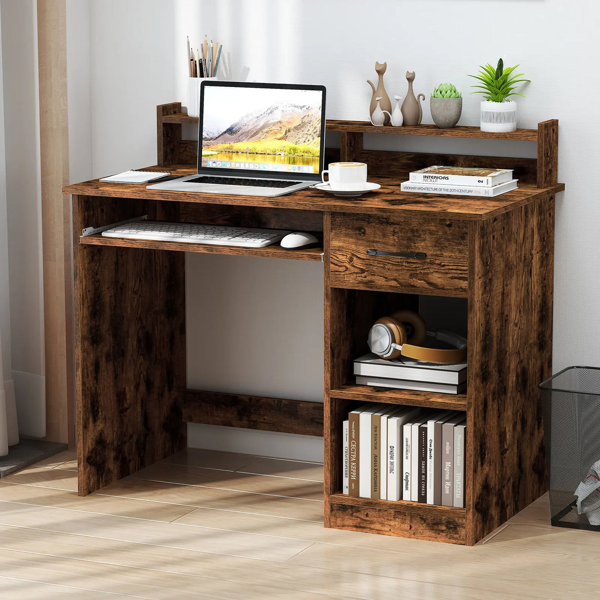 Wooden Computer Desk With Keyboard Tray for Work and Study-Rustic Brown