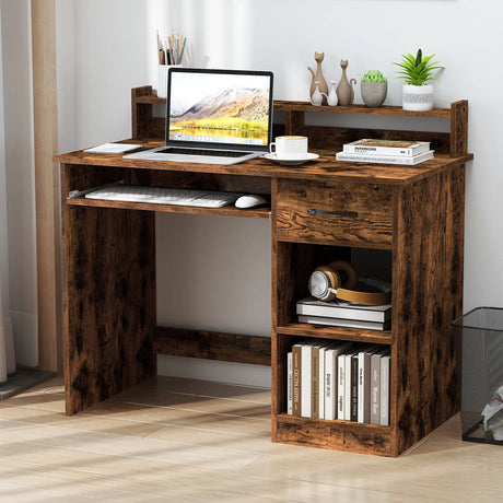 Wooden Computer Desk With Keyboard Tray for Work and Study-Rustic Brown