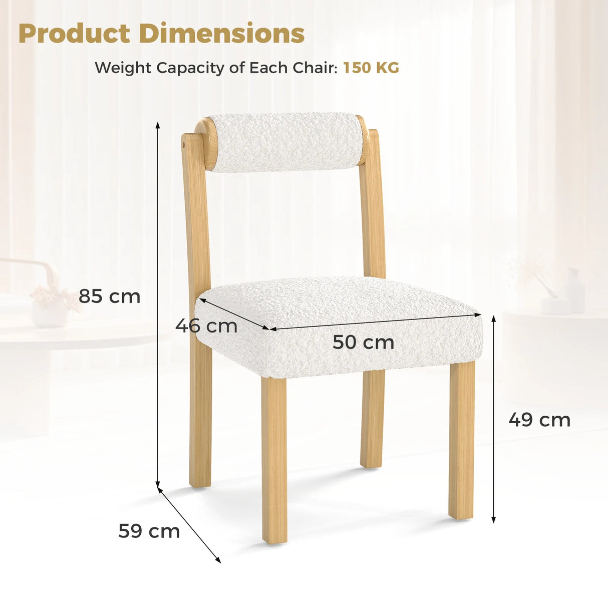 Wooden Dining Chair with Rubber Wood Frame and Cylinder Back Set of 2-White
