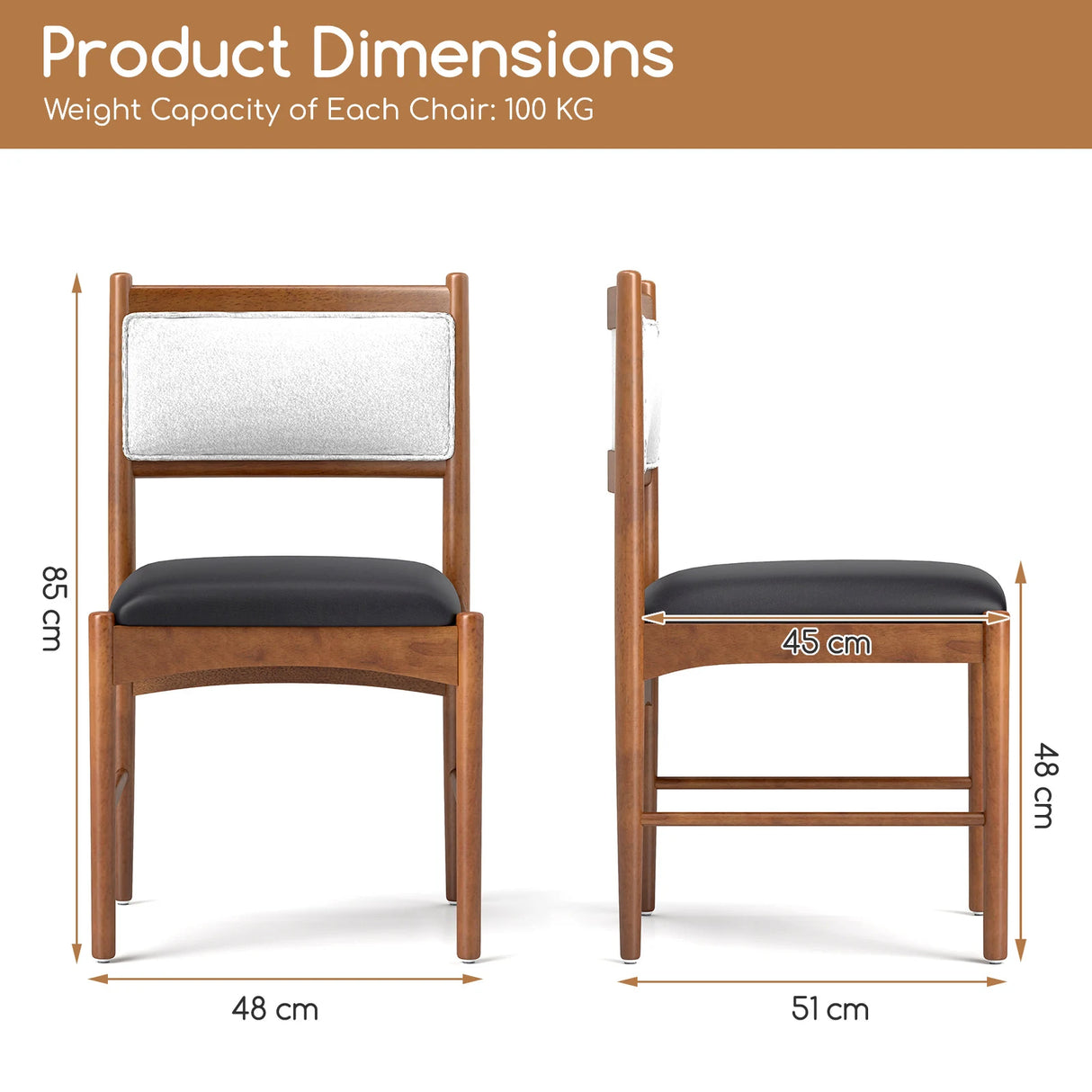 Wooden Dining Chair Set of 2 with Rubber Wood Frame and Faux Sherpa Backrest-Walnut