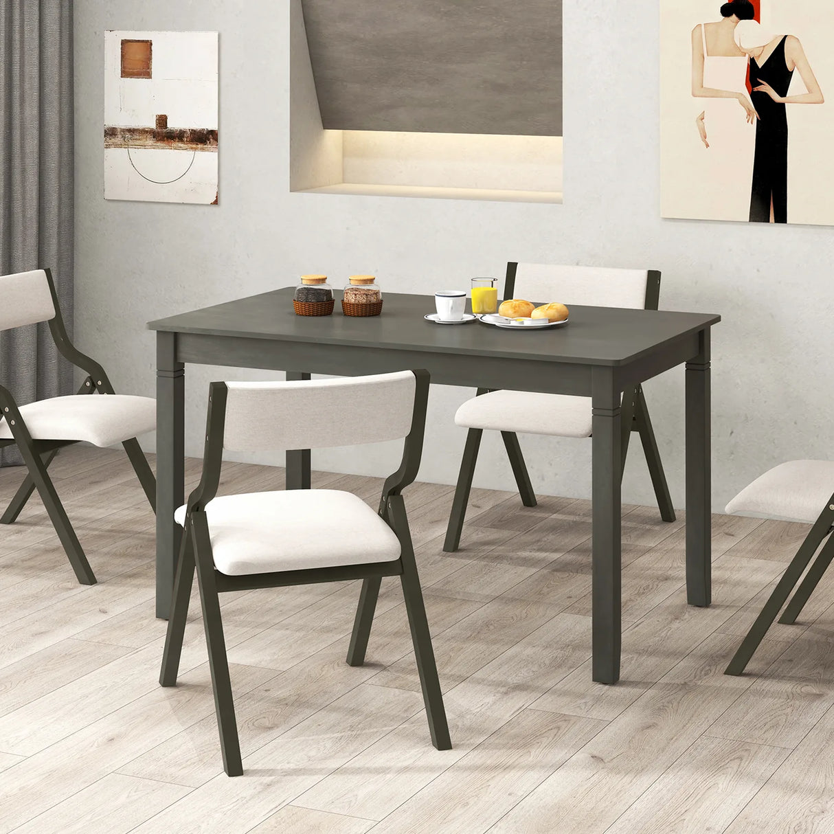 48-Inch Wooden Dining Table for 4 People Rectangular Kitchen Table with Rubber Wood Legs-Gray