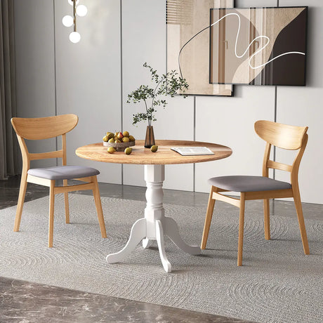 Wooden Dining Table with Round Tabletop and Curved Trestle Legs-Natural & White