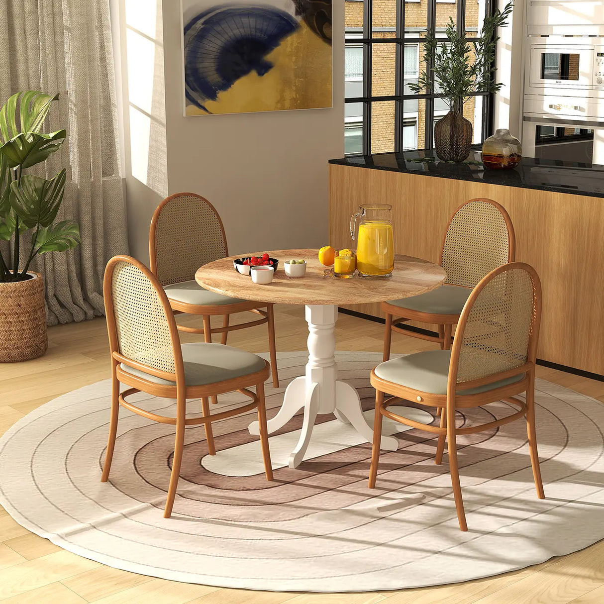 Wooden Dining Table with Round Tabletop and Curved Trestle Legs-Natural & White