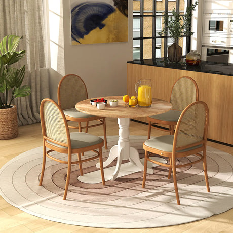 Wooden Dining Table with Round Tabletop and Curved Trestle Legs-Natural & White
