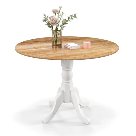 Wooden Dining Table with Round Tabletop and Curved Trestle Legs-Natural & White