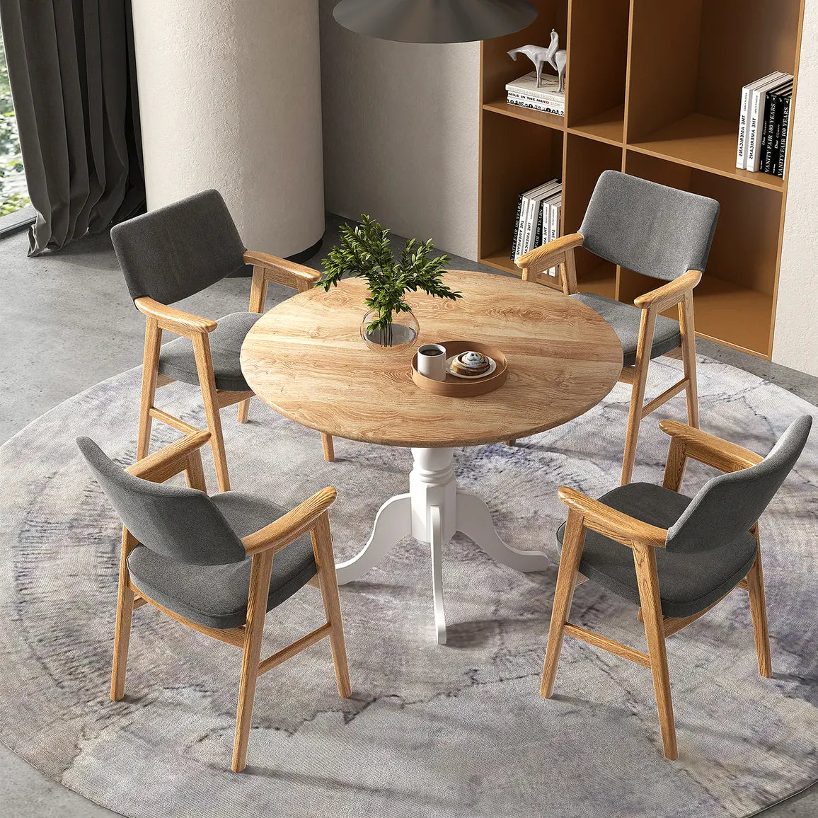 Wooden Dining Table with Round Tabletop and Curved Trestle Legs-Natural & White