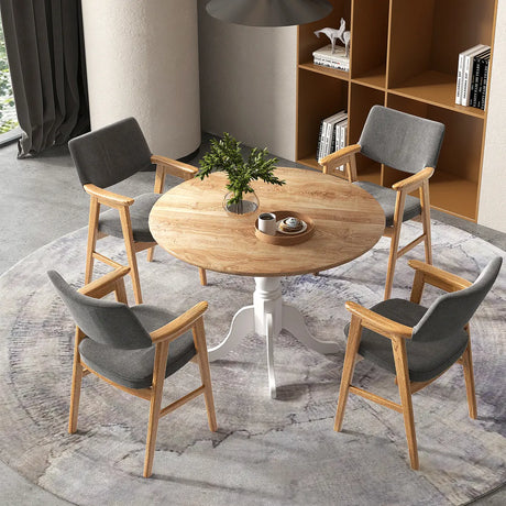 Wooden Dining Table with Round Tabletop and Curved Trestle Legs-Natural & White