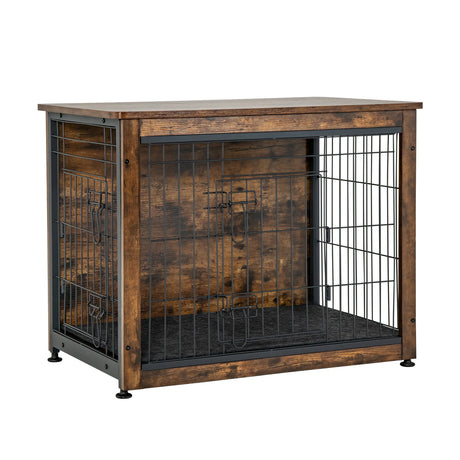 Wooden Dog Crate Furniture with Tray and Double Door-Brown