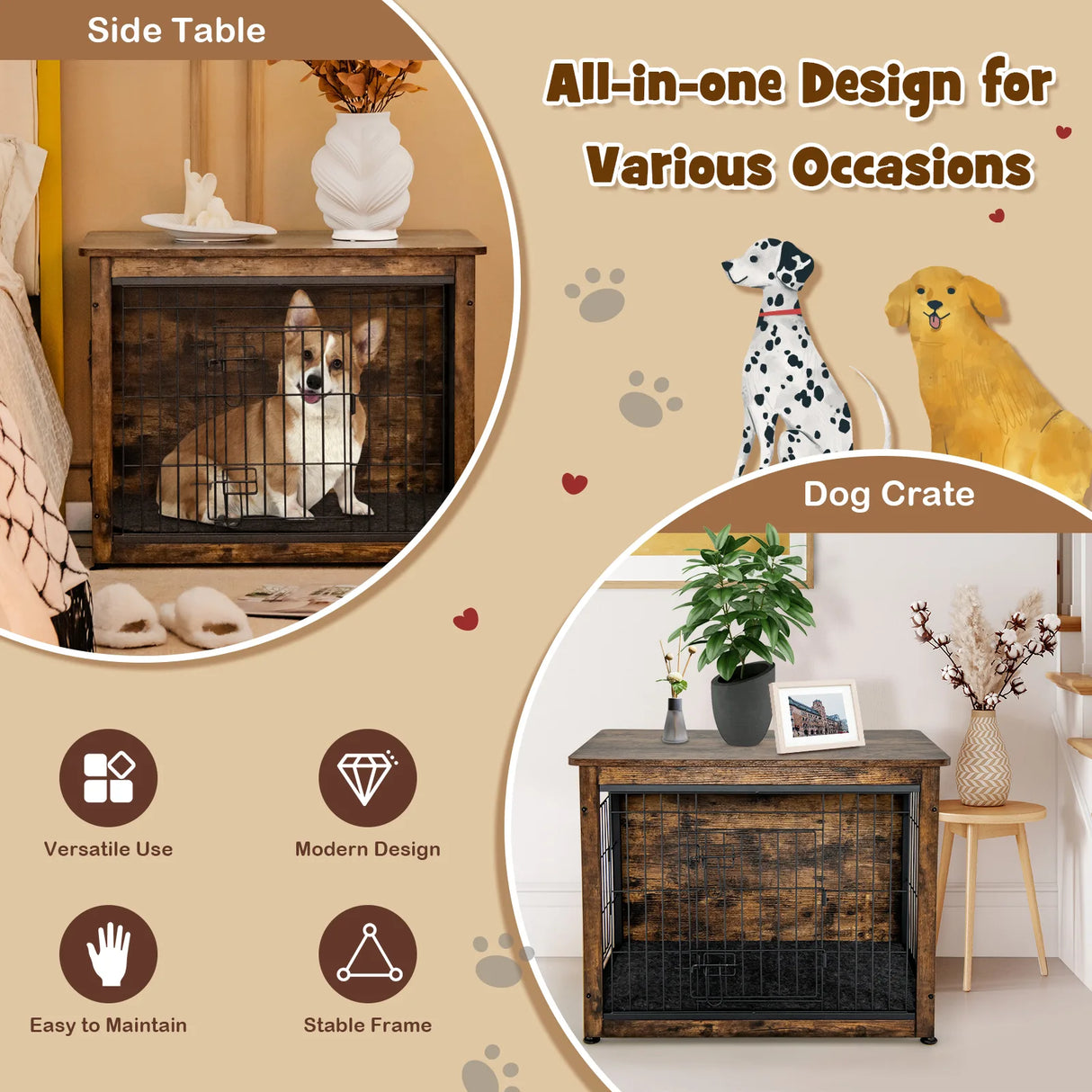 Wooden Dog Crate Furniture with Tray and Double Door-Brown