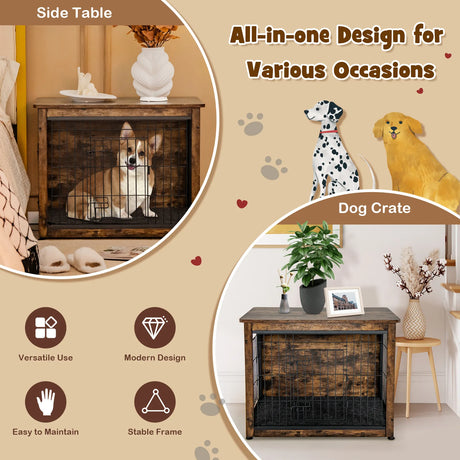 Wooden Dog Crate Furniture with Tray and Double Door-Brown