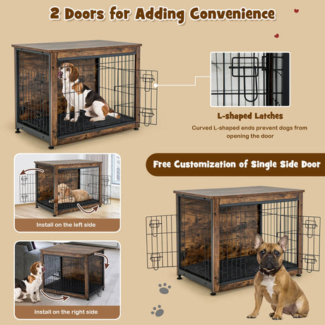 Wooden Dog Crate Furniture with Tray and Double Door-Brown
